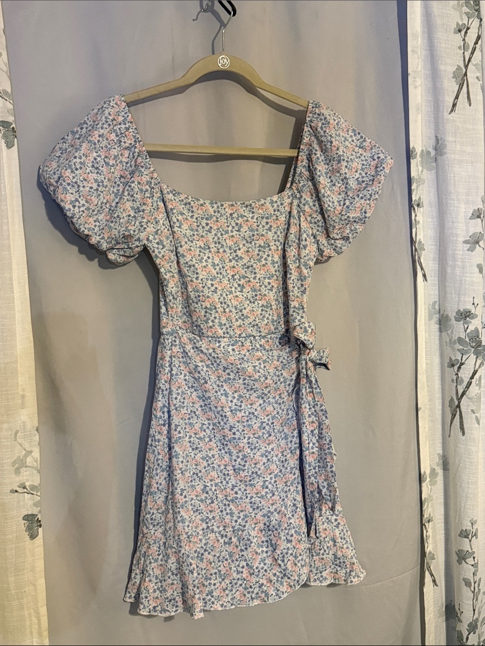 Altar'd State Puff-Sleeve Floral Wrap Dress in Light Blue and Pink